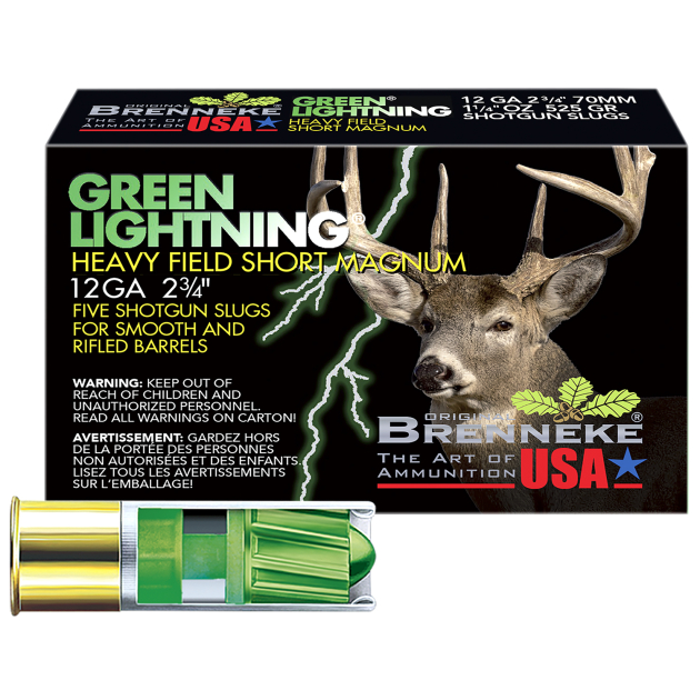 Brenneke SL122HFSGL Green Lightning Heavy Field 12Gauge 2.75" 1 1/4oz Slug Shot 5 Per Box/50 Case