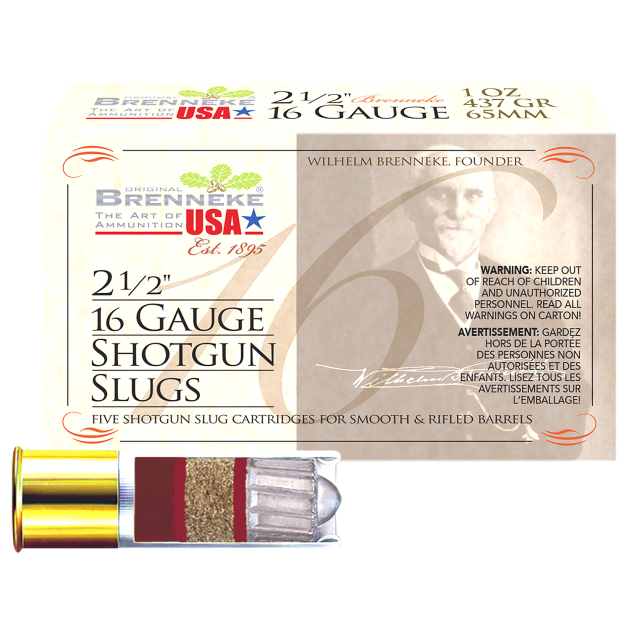 Brenneke SL162BR Brenneke 16  16Gauge 2.50" 1oz Slug Shot 5 Per Box/50 Case