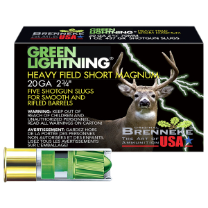 Brenneke SL202HFSGL Green Lightning Heavy Field Short Magnum 20Gauge 2.75" 1oz Slug Shot 5 Per Box/50 Case
