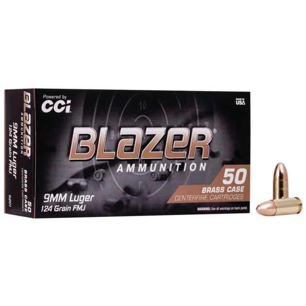 CCI 5201 Blazer Brass Handgun 9mmLuger 124gr Full Metal Jacket 50 Per Box/20 Case