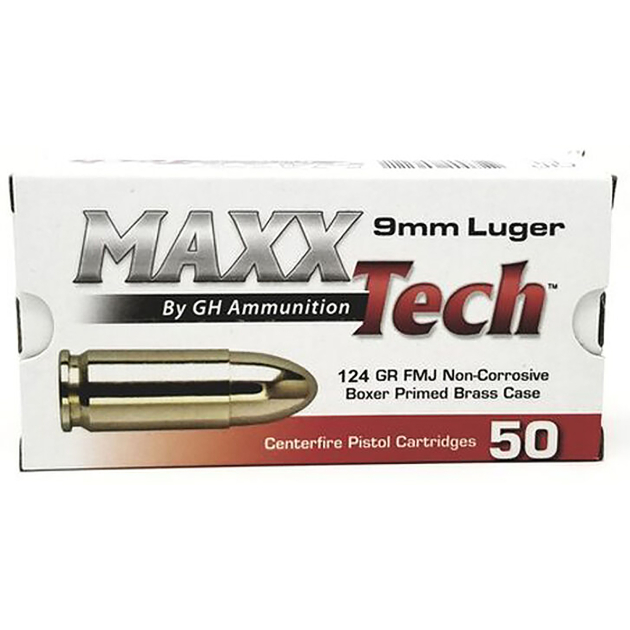 MaxxTech PTGB912B Brass Pistol  9mmLuger 124gr Full Metal Jacket 50 Per Box/10 Case
