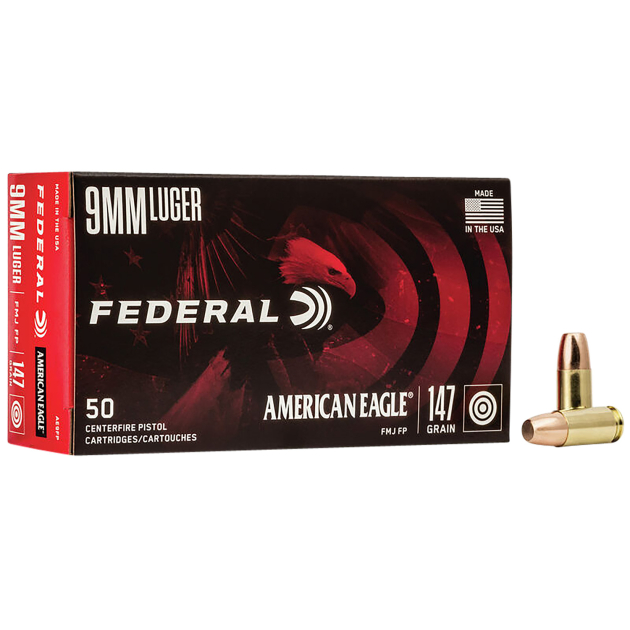 Federal AE9FP American Eagle Handgun 9mmLuger 147gr Full Metal Jacket Flat Point 50 Per Box/20 Case