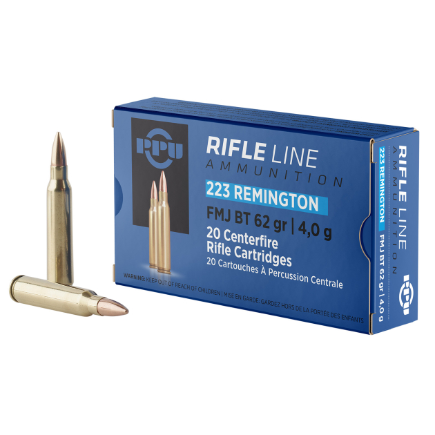 PPU PP223F2 Standard Rifle  223Rem 62gr Full Metal Jacket Boat Tail 20 Per Box/50 Case
