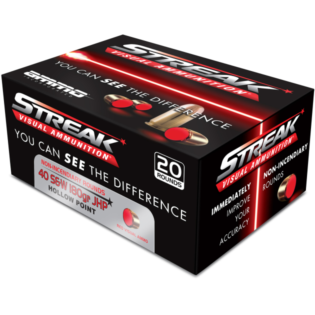 Ammo Inc 40180JHPSTRKRED Streak Visual (RED)  40S&W 180gr Jacketed Hollow Point 20 Per Box/10 Case