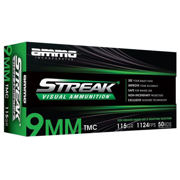 Ammo Inc 9115TMCSTRKGRN50 Streak Visual (GREEN)  9mm Luger 115gr Total Metal Case 50 Per Box/20 Case