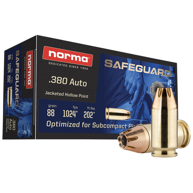 Norma Ammunition 803807680  Safeguard 380ACP 88gr Jacketed Hollow Point 50 Per Box/20 Case