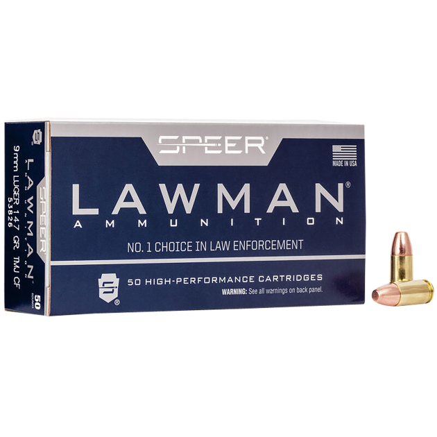 Speer 53826 Lawman Training Clean-Fire 9mmLuger 147gr Total Metal Jacket Flat Nose 50 Per Box/20 Case