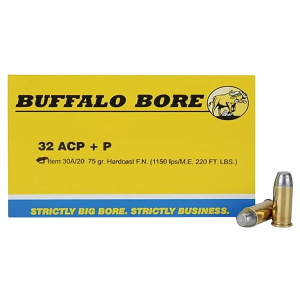 Buffalo Bore Ammunition 30A20 Personal Defense Strictly Business 32ACP +P 75gr Hard Cast Flat Nose 20 Per Box/12 Case
