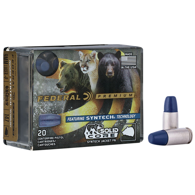 Federal P9SHC1 Premium  9mmLuger+P 147gr Solid Core Synthetic Flat Nose 20 Per Box/10 Case