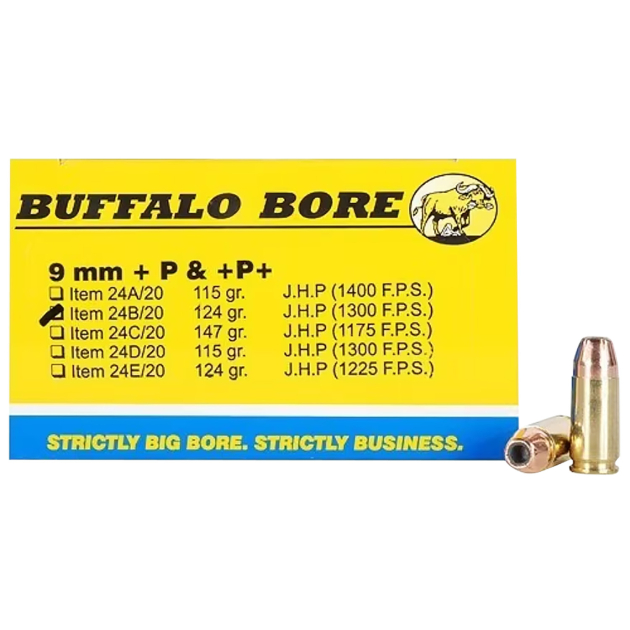 Buffalo Bore Ammunition 24B20 Personal Defense Strictly Business 9mmLuger +P+ 124gr Jacket Hollow Point 20 Per Box/12 Case