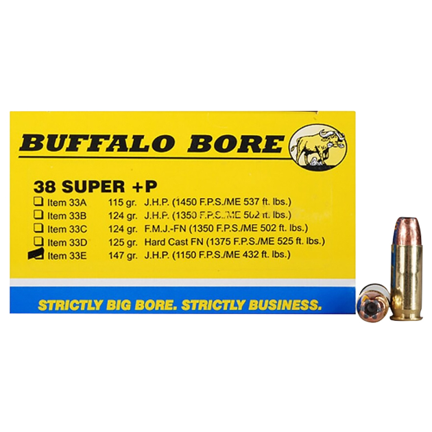 Buffalo Bore Ammunition 33E20 Personal Defense Strictly Business 38Super +P 147gr Jacket Hollow Point 20 Per Box/12 Case