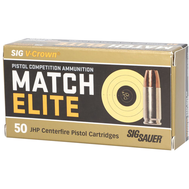 Sig Sauer E9MMA3COMP50 Match Elite Competition  9mmLuger 147gr V-Crown Jacketed Hollow Point 50 Per Box/20 Case