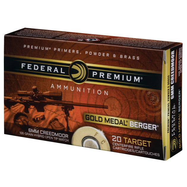Federal GM65CRDBH1 Premium Gold Medal 6mmCreedmoor 105gr Berger Hybrid Open Tip Match 20 Per Box/10 Case