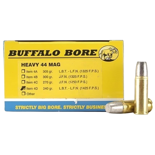 Buffalo Bore Ammunition 4D20 Heavy Strictly Business 44Rem Mag +P+ 340gr Lead Flat Nose 20 Per Box/12 Case