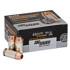Sig Sauer E45AP050 Elite Performance  45ACP 185gr V-Crown Jacketed Hollow Point 50 Per Box/10 Case
