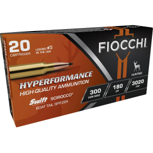 Fiocchi 300WMSCA Hyperformance  300WinMag 180gr Swift Scirocco II Boat Tail Spitzer 20 Per Box/10 Case
