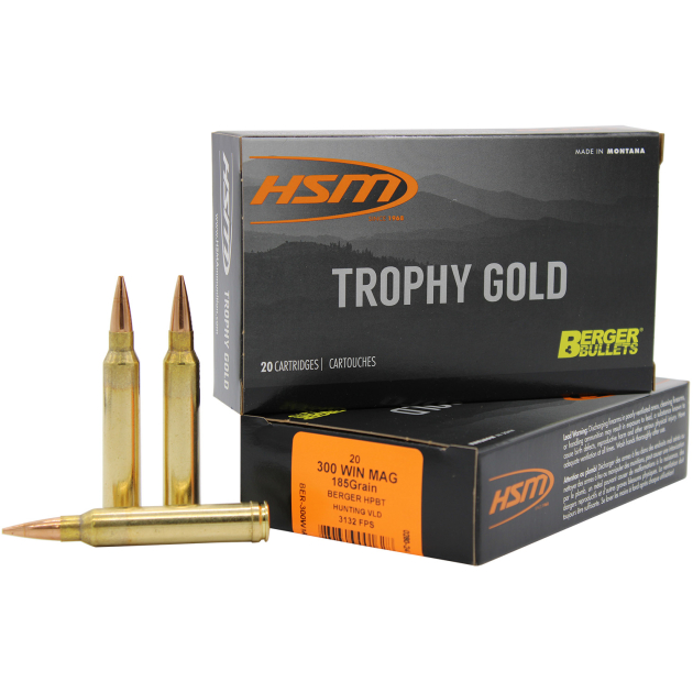 HSM 300WM185VLD Trophy Gold Extended Range 300 Win Mag 185 gr Berger Hunting VLD Match 20 Per Box/ 20 Case