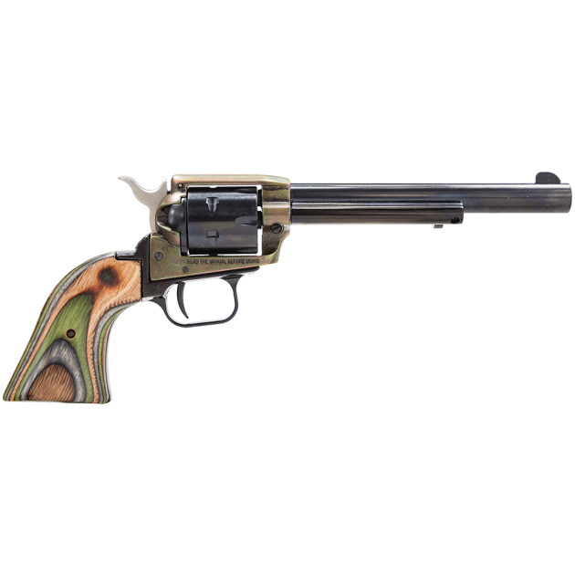 Heritage Mfg RR22CH6 Rough Rider  22 LR 6 Shot, 6.50" Black Oxide Steel Barrel, Simulated Case Hardened Zinc Alloy Frame, Black Oxide Cylinder, Camo Laminate Grip, Manual Safety, Exposed Hammer