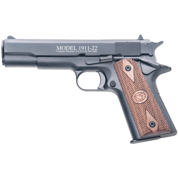 Chiappa Firearms 401038 1911-22  22 LR 10+1, 5" Black Steel Barrel, Blued Serrated Slide, Blued Aluminum Frame w/Beavertail, Stippled Walnut Grip, Manual Thumb Safety, Right Hand