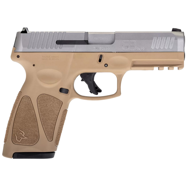 Taurus 1G3B949T15 G3  Full Size Frame 9mm Luger 15+1 4" Matte Stainless Steel Barrel, Matte Serrated Stainless Steel Slide, Tan Polymer Frame w/Picatinny Rail, Tan Polymer Grip, Right Hand