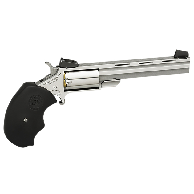 North American Arms MMTL Mini-Master *CA Compliant 22 LR 5rd 4" Vent Rib Barrel, Overall Stainless Steel Finish, Finger Grooved Black Rubber Grip, Adjustable Sights