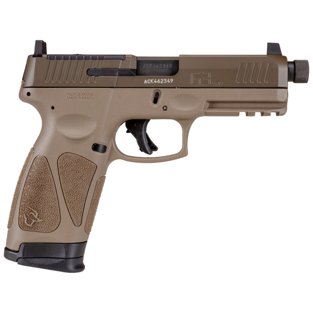 Taurus 1G3P941TAC G3  9mm Luger 17+1 4.50" Threaded Barrel, FDE Polymer Frame With Picatinny Acc. Rail, T.O.R.O Optic Cut Patriot Brown Cerakote Steel Slide, Re-Strike Capability, No Manual Safety