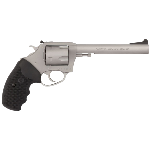 Charter Arms 79960 Pitbull  Large 9mm Luger, 5 Shot 6" Matte Stainless Steel Barrel, Cylinder & Frame w/Black Finger Grooved Rubber Grip