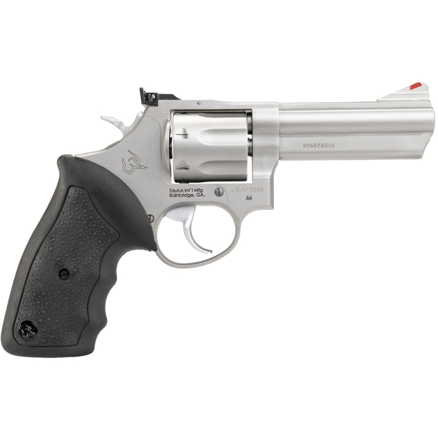 Taurus 2660049 66  38 Special +P/357 Mag 7 Shot 4" Barrel, Overall Matte Stainless Steel, Black Finger Grooved Rubber Grip