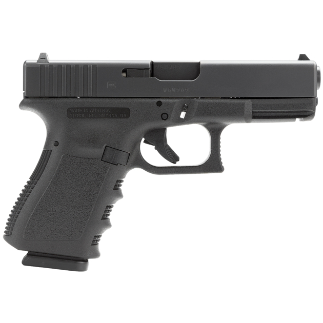 Glock PI1950201 G19 Gen3  *CA Compliant Compact 9mm Luger 10+1 4.02" Black Steel Barrel, Matte Black Serrated Slide, Black Polymer Frame w/Accessory Rail, Black Finger Grooved Polymer Grip