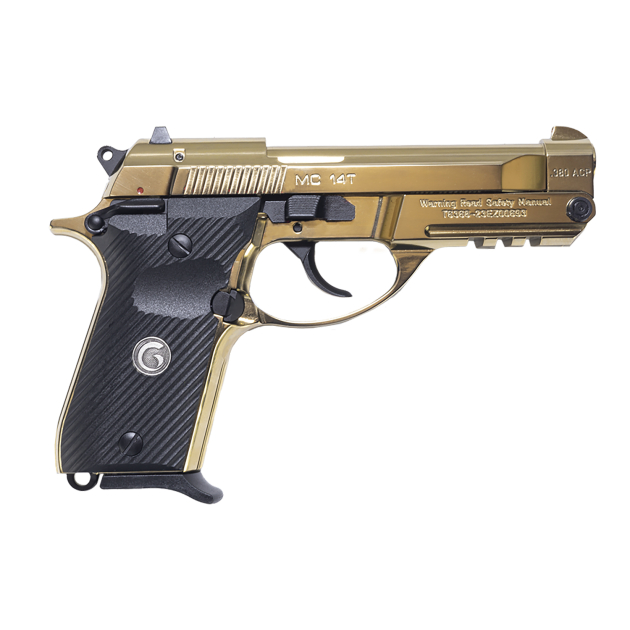 Girsan 390870 MC 14T Solution Compact Frame 380 ACP 13+1 4.50" Gold Plated PVD Steel Tip-Up Barrel, Gold Plated Serrated Steel Slide, Gold Plated Aluminum Frame w/Picatinny Rail, Black Polymer Grip