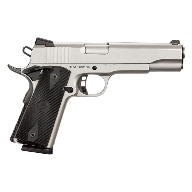 Rock Island 51448 Rock Standard FS 45 ACP 8+1 5" Barrel, Overall Matte Nickel Finish Steel, Beavertail Frame, Serrated Slide & Black Rubber Grip