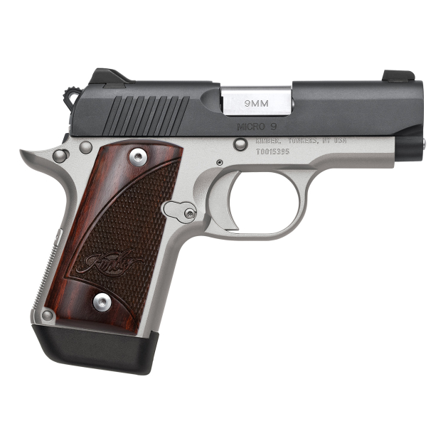 Kimber Mfg, Inc 3300099 Micro 9 Two-Tone Micro Frame 9mm Luger 7+1 3.15" Stainless Match Grade Barrel, Matte Black Serrated Steel Slide, Satin Silver Aluminum Frame w/Beavertail, Rosewood Grip