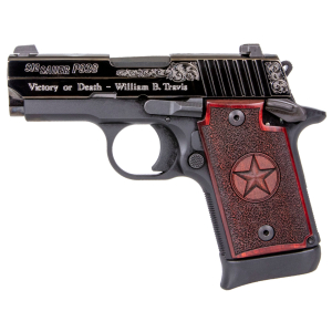 Sig Sauer 9389TXSAMBI P938 Texas Engraved Silver 9mm Luger 3" 7+1 Black Aluminum Frame Black Nitron Stainless Steel with Silver Accents Slide Redwood Grip Night Sights