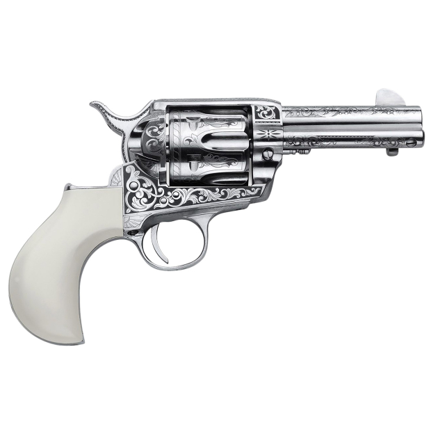 Cimarron PP346HUCKENG Huckleberry 45 Colt (LC) 6 Shot, 3.50" Nickel Engraved Barrel, Cylinder & Frame, Poly-Ivory w/ "Huckleberry" Engraved On The Backstrap Grip