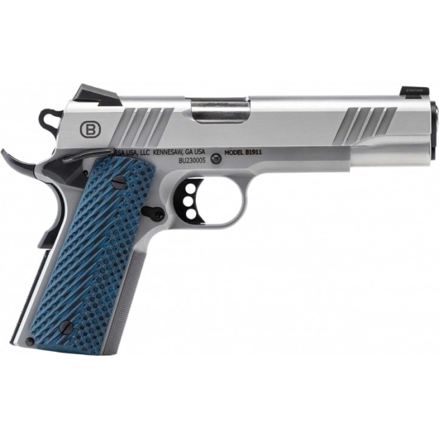 Bersa B1911 Pistol - Brushed Stainless | .45 ACP | 5" Barrel | 8rd | Blue Grips