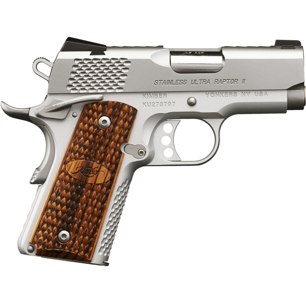 Kimber Mfg, Inc 3200375 Raptor II Ultra 45 ACP 7+1 3" Stainless Match Grade Barrel, Satin Silver Serrated Stainless Steel Slide, Matte Silver Aluminum Frame w/Beavertail, Zebrawood Grip