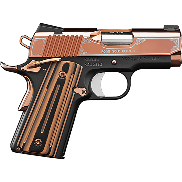 Kimber Mfg, Inc 3200372 Ultra II 9mm Luger 8+1 3" Stainless Match Grade Barrel, Engraved Rose Gold PVD Serrated Stainless Steel Slide, Kimpro II Black Aluminum Frame w/Beavertail, G10 Grip
