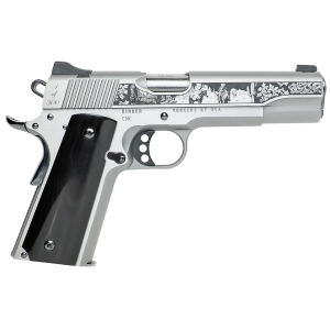 Cnc Firearms CNCWESTSPIRIT Kimber 1911 Western Spirit 45 ACP 7+1 5" Stainless Steel Barrel, Serrated w/Engraved Scrollwork Slide, Black Buffalo Horn Grip