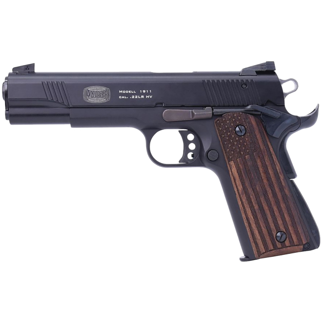 Mauser Rimfire 4110608 1911  .22 LR 10+1 5" Black Steel Barrel, Black Serrated Aluminum Slide, Black Aluminum Frame w/Beavertail, Molded Wood Flag Grip, Ambidextrous