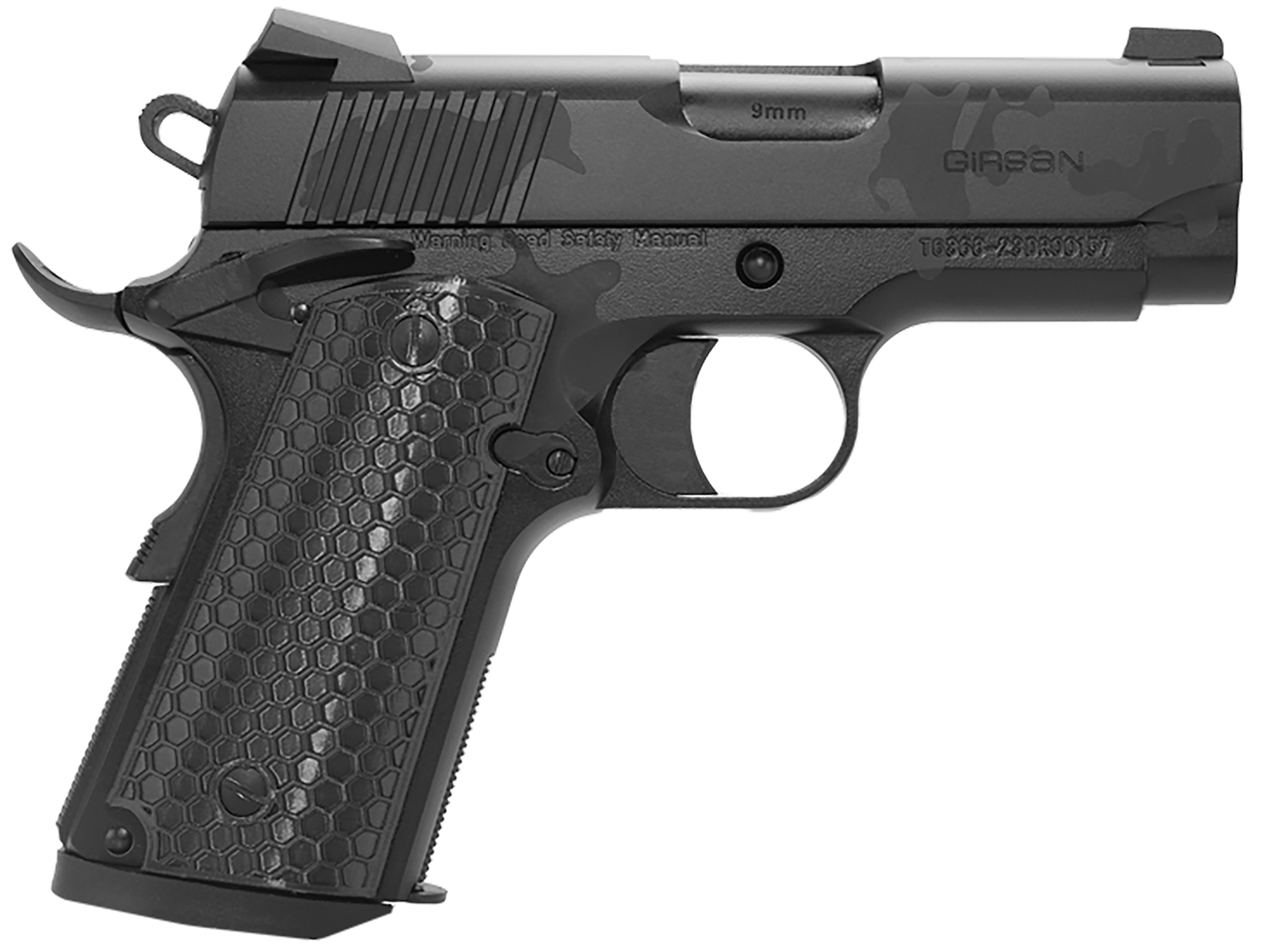 Girsan 392069 MC1911 SC Untouchable Sub-Compact Frame 9mm 7+1 3.40" Black Steel Barrel, Black Camo Serrated Steel Slide & Frame w/Beavertail, Black Polymer Grip