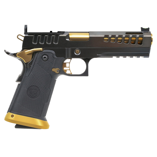 Watchtower Firearms DEMOLITIA9MM5ELITE Demolitia Full Size Frame 9mm Luger 20+1 5" Gold Plated PVD Ported Barrel, Graphite PVD Optic Cut/Serrated Steel Slide, Graphite PVD Frame, Black Textured Grip