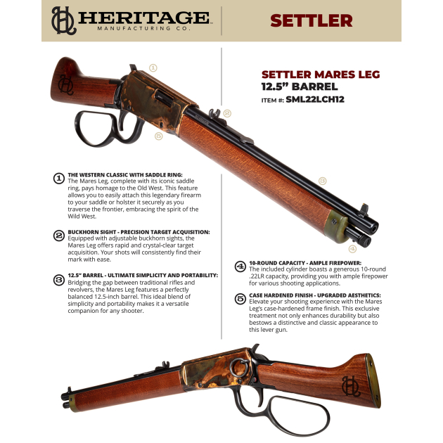 Heritage Mfg SML22LCH12 Settler Mare's Leg 22 LR 10+1 12" Black Oxide Barrel