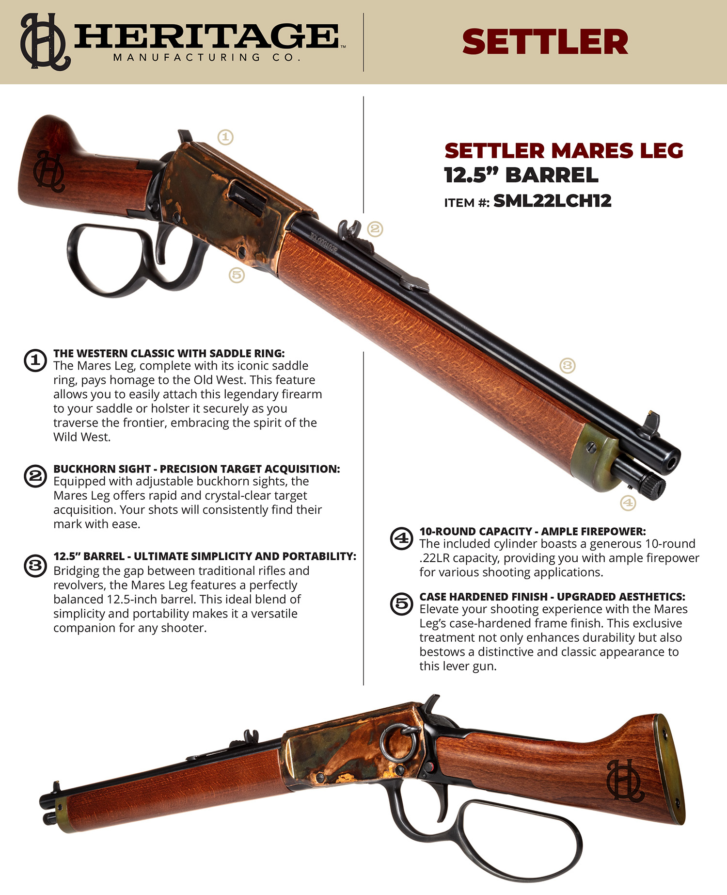 Heritage Mfg SML22LCH12 Settler Mare's Leg 22 LR 10+1 12" Black Oxide Barrel