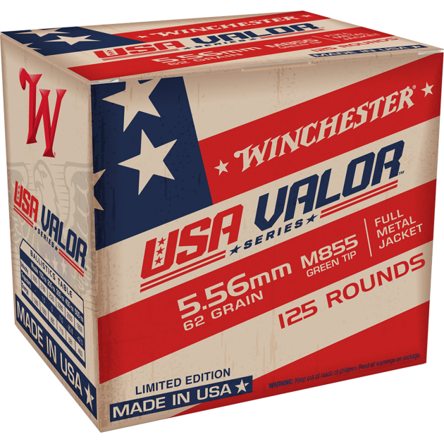 Winchester Ammo USA855125 USA Valor M855 Green Tip 5.56x45mmNATO 62gr Full Metal Jacket 125 Per Box/10 Case