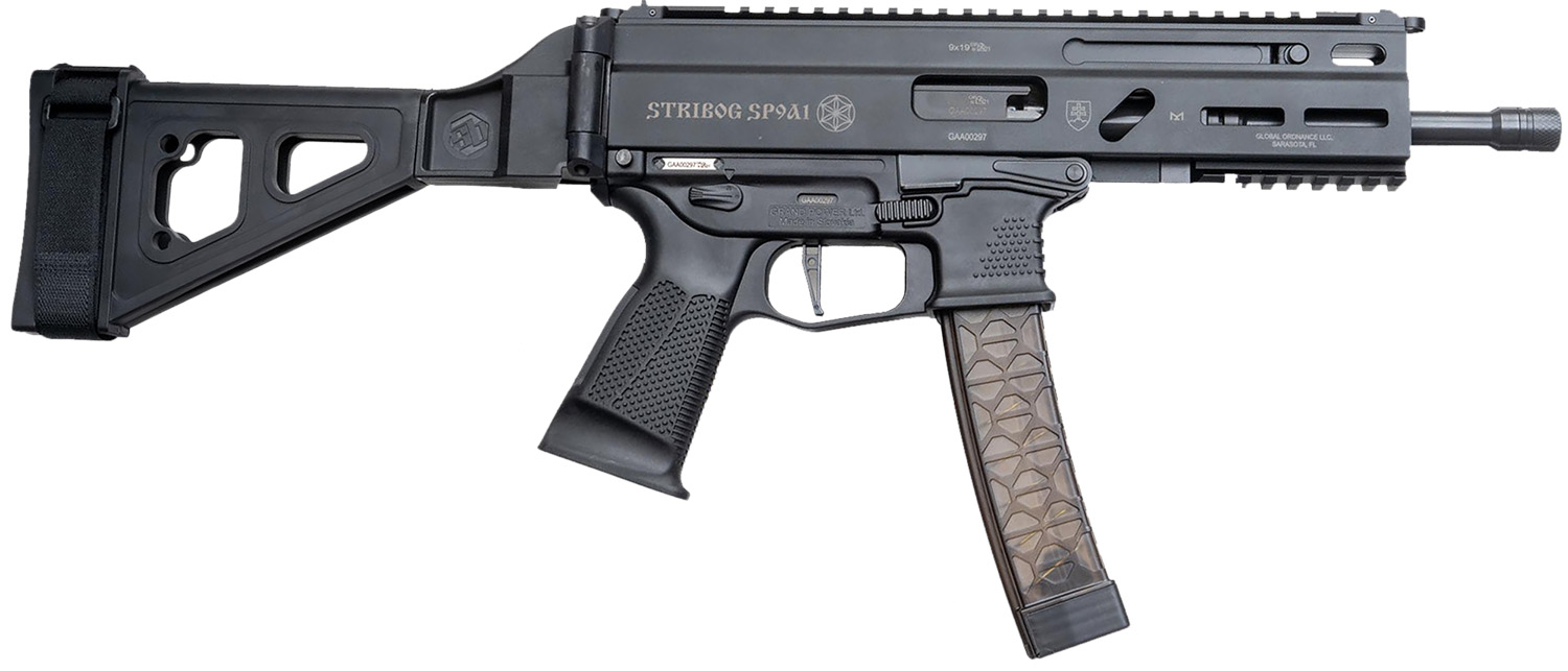 Grand Power 850003223056 SP9A1 Stribog 9mm Luger 30+1 8" Black Threaded Barrel M-LOK Handguard Black Aluminum Picatinny Rail Receiver SB Tactical Brace, Black Polymer Grip, Thread Protector