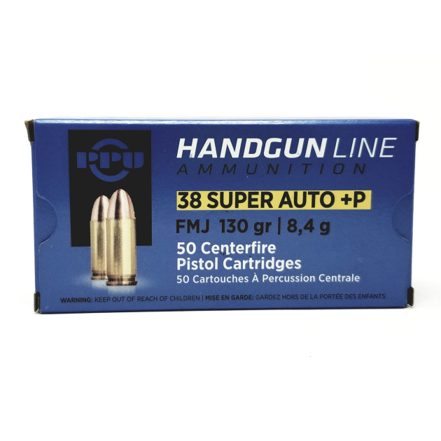 PPU .38 SUPER AUTO FMJ 130GR+P 50RD BOX 10 BOXES PER CASE