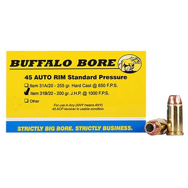 Buffalo Bore Ammunition 31B20 Standard Pressure Strictly Business 45Auto Rim 200gr Jacket Hollow Point 20 Per Box/12 Case