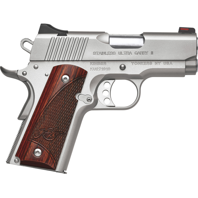 Kimber Mfg, Inc 3200330 Ultra Carry II 45 ACP 7+1 3" Stainless Match Grade Barrel, Satin Silver Serrated Stainless Steel Slide, Satin Silver Aluminum Frame w/Beavertail, Rosewood Grip