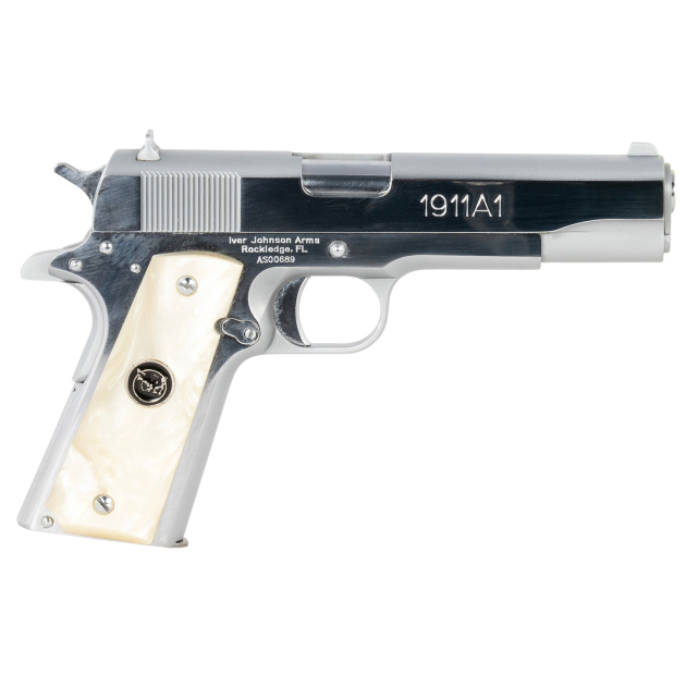 Iver Johnson Arms 1911A138CHRWP   38 Super 8+1 5" Stainless Steel Barrel, Bright Polish Chrome Serrated Stainless Steel Slide, Pearl Grips