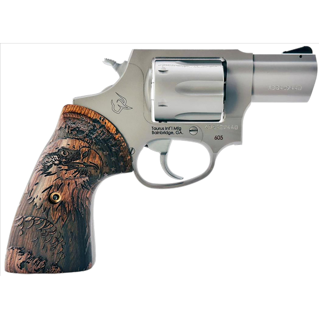 Taurus 2-605029-US2 605  Small 357 Mag/38 Special +P 5 Shot 2" Matte Stainless Steel Barrel & Frame, Polished Cylinder, Custom Designed Wood Grip w/Eagle, Transfer Bar Safety, Exposed Hammer
